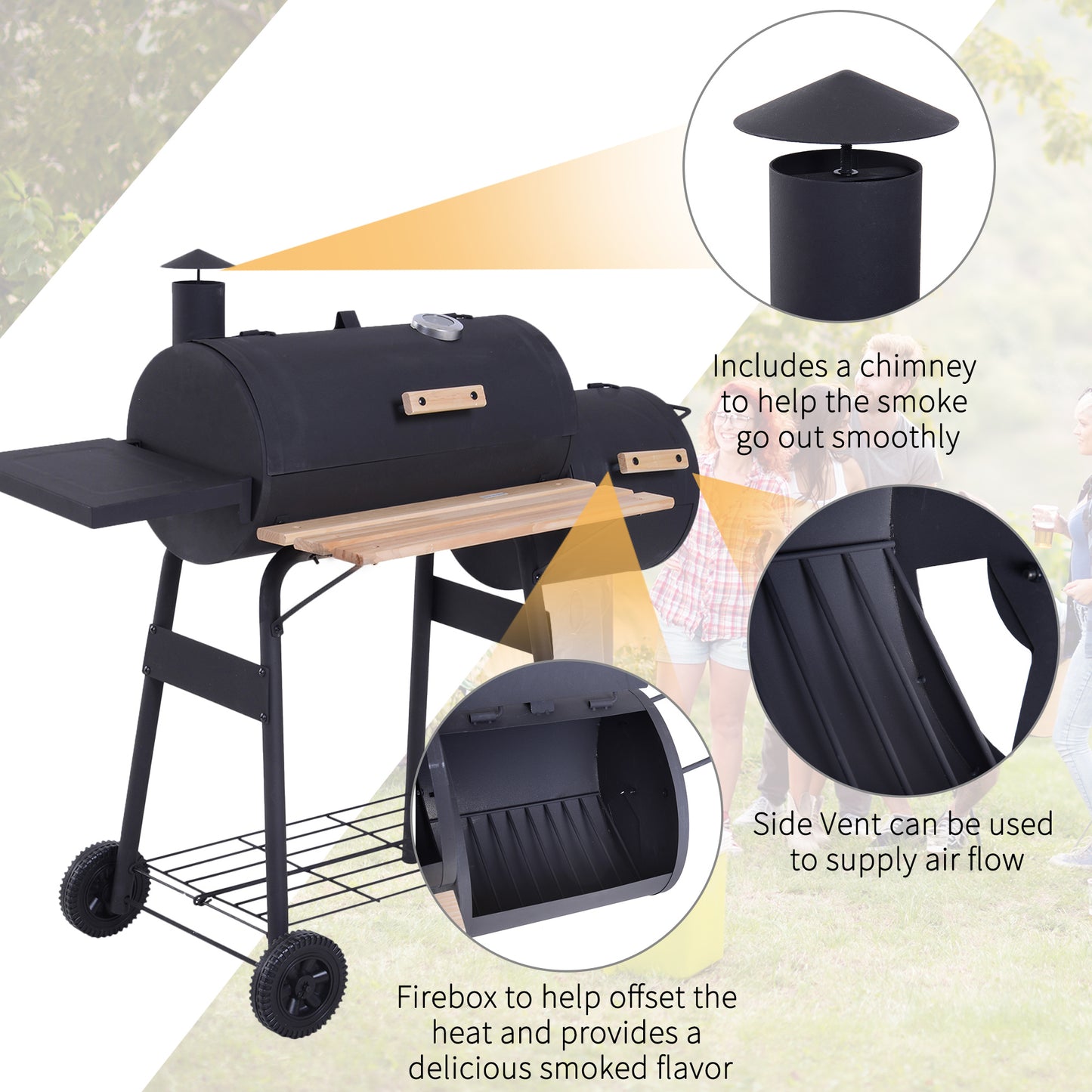 Portable Charcoal BBQ Grill Steel Offset Smoker Combo Backyard