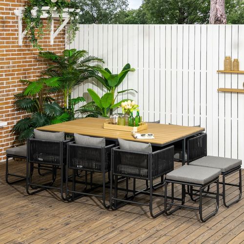 Spacious 11-PC Rattan Dining Set: Stylish Comfort for 10, Space-Saving Design!