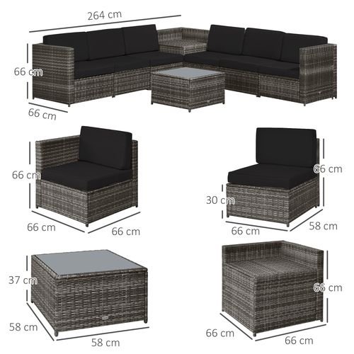 Outsunny 6-Seater Grey Rattan Sofa Set with Cushions & Hidden Storage