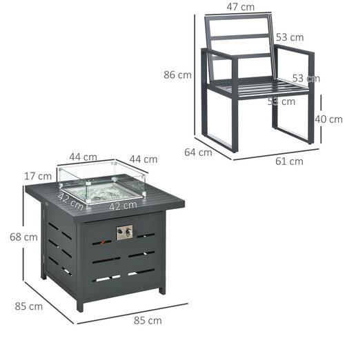 4 Seater Aluminium Garden Furniture Set with Gas Firepit Table, Grey