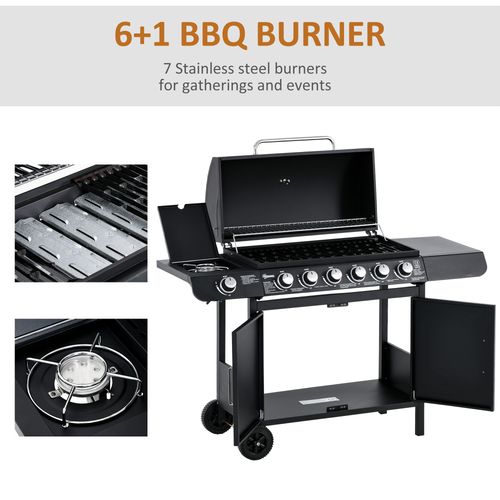 Outsunny 6+1 Burner Gas BBQ Grill Garden Barbecue with Wheels, Cabinet