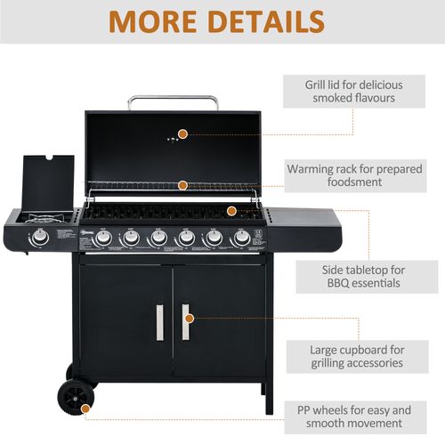 Outsunny 6+1 Burner Gas BBQ Grill Garden Barbecue with Wheels, Cabinet