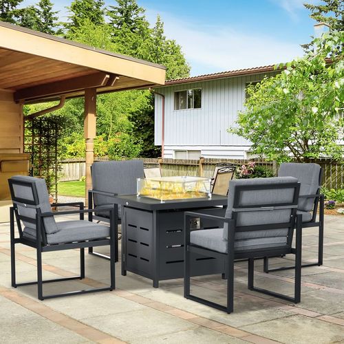 4 Seater Aluminium Garden Furniture Set with Gas Firepit Table, Grey